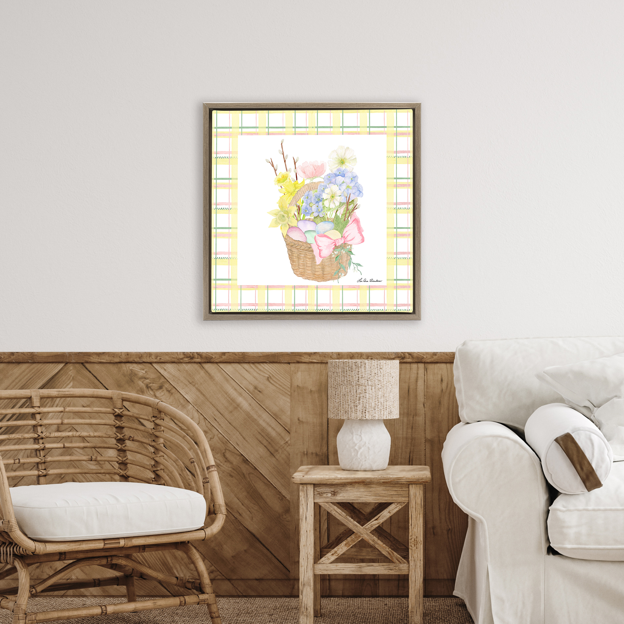 Spring Basket on Plaid Brown Framed Floater Canvas Wall Art, design by Lee Ann Sanders