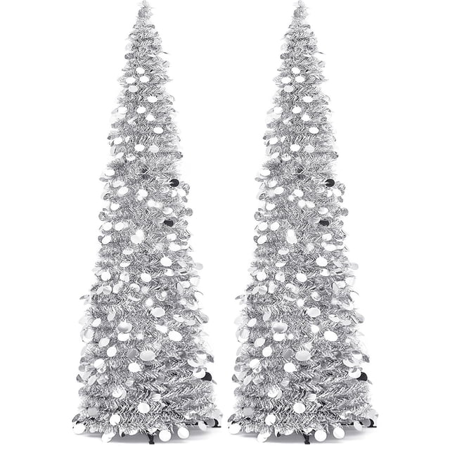 Árbol de Navidad Leyndo plegable de 1,5 m con lentejuelas plateadas, 2 unidades