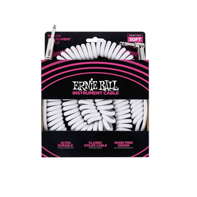 Ernie Ball 30' Coiled Straight / Angle Instrument Cable - White