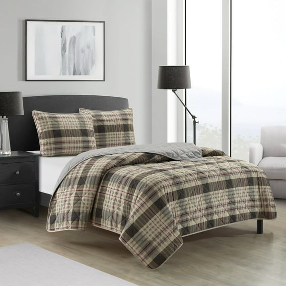Dearfoams 3-Piece Brown Plaid Quilt Set for Teens Adults Seniors, King
