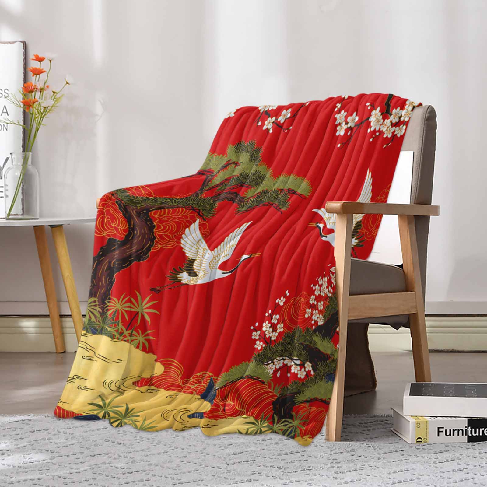 Throw Blanket Fleece Throw Blanket 50x60in, Retro Crane Pine Flower on Red Soft Lightweight Bed Blankets Asian Chinese Pastoral Scenic Fuzzy Couch Blankets for All Season