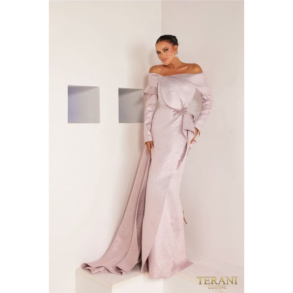 Women's Terani Couture 241m2743 Long Sleeves V Line Off Shoulder Rose Pink Gold Column evening elegant Dress 8