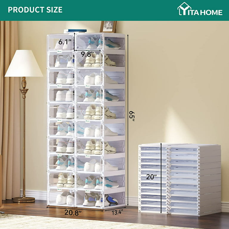 YITAHOME Shoe Storage Organizer, Foldable Shoe Box with Transparent Doors, 2-12 Grid Stackable Shoe Cabinet Installation-Free for Hallway, Living
