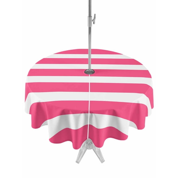 Outdoor Tablecloth with Umbrella Hole and Zipper, Monochrome Pink Striped Round Waterproof Table Cover 60in Washable Table Cloth for Patio Picnic Party Modern Geometric Line