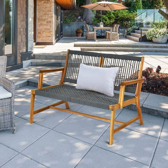 2-Person Acacia Wood Loveseat Outdoor Rope Seating for Balcony Deck Poolside Porch