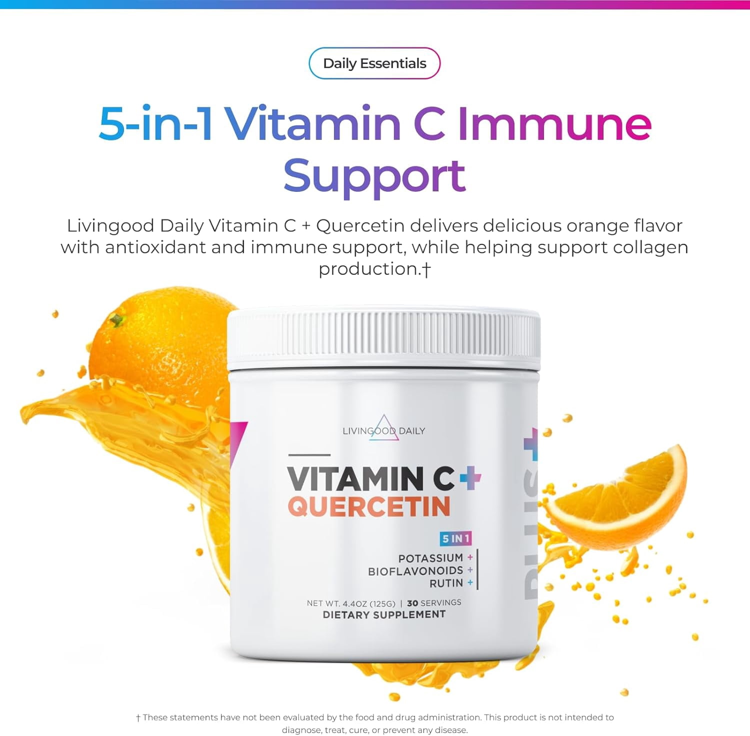 Livingood Daily High Dose Vitamin C Powder Supplement, 2,500 MG Ascorbic Acid Powder Supports Immunity & Skin Health, Powdered Vitamin C with Quercetin, Sweetened with Stevia, Vegan, 30 Servings