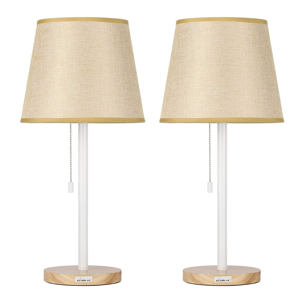 Contemporary Wooden Pull Chain White Table Reading Lamp, Set of 2