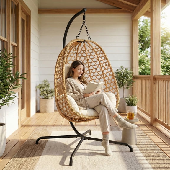 Egg Chair with Stand, Patio Wicker Hanging Chair, Hammock Swing Chair, 350LBS Capacity for Bedroom, Balcony, Garden, Porch, Beige