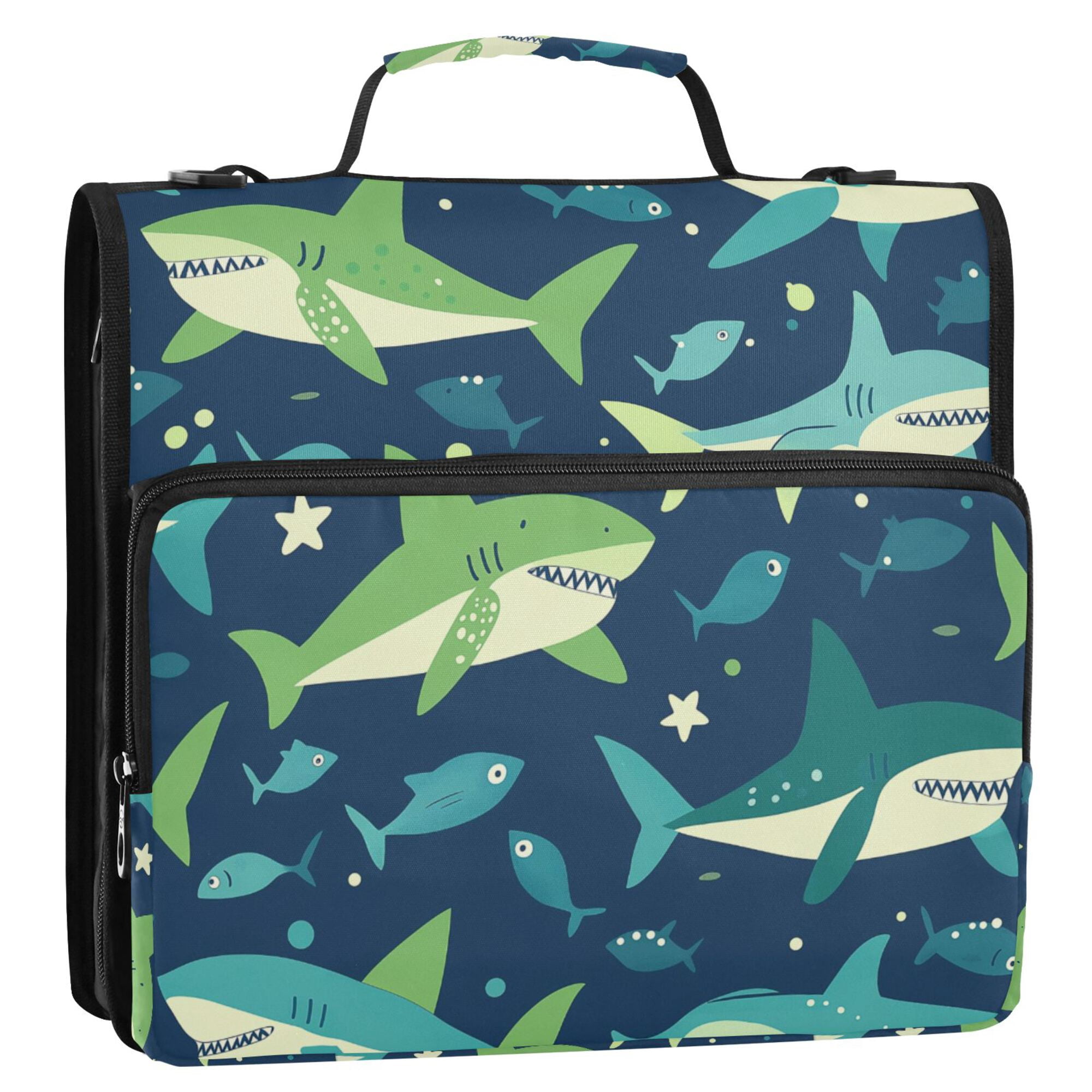 FORMRS Zipper Binder with Shoulder Strap 2-inch Ring 500 Sheet Capacity File Bag, Sharks Pattern