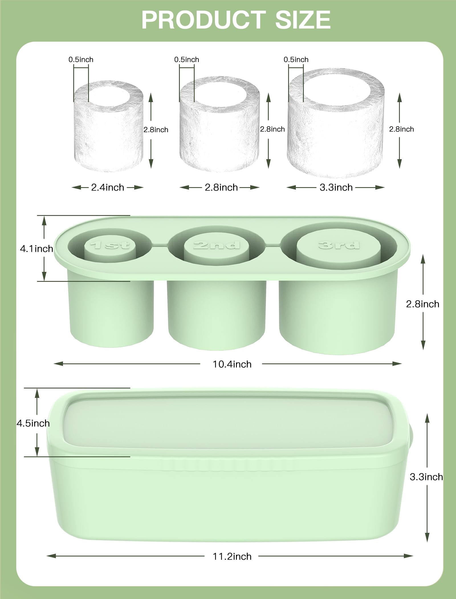 Ice Cube Tray For Tumbler Cup 30oz-40oz  3 Silicone Cylinder Mold With Lid And Bin Freezer Easy Fill Release Maker Cocktail (green 40oz-type1)