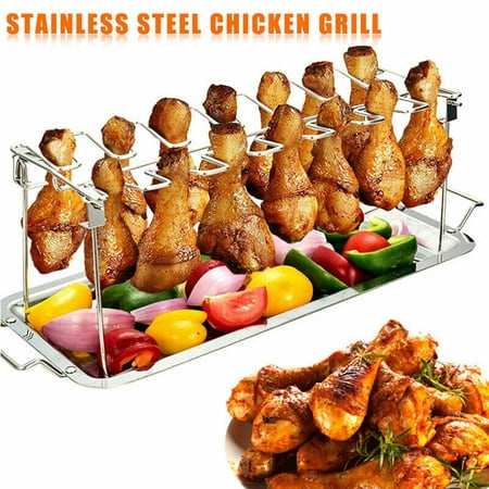 CARLTON GLOBAL Stainless Steel Chicken Wing Leg Rack Grill Holder with Drip Pan for (Best Chicken Legs On Grill)