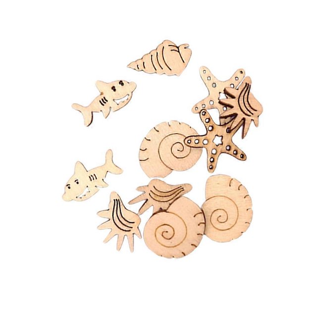 Wood Animal Ornaments Craft Wood Pieces Marine Fish Carvings Hanging Ornaments Natural White Color Seashell Shape Diy Supplies 50Pcs