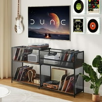 Record Player Stand with Vinyl Storage Cabinet, Stretchable 32-63'' Wood Turntable Table Open Shelf Up to 450 Albums, Cube Storage Organizer for Living Room, Office