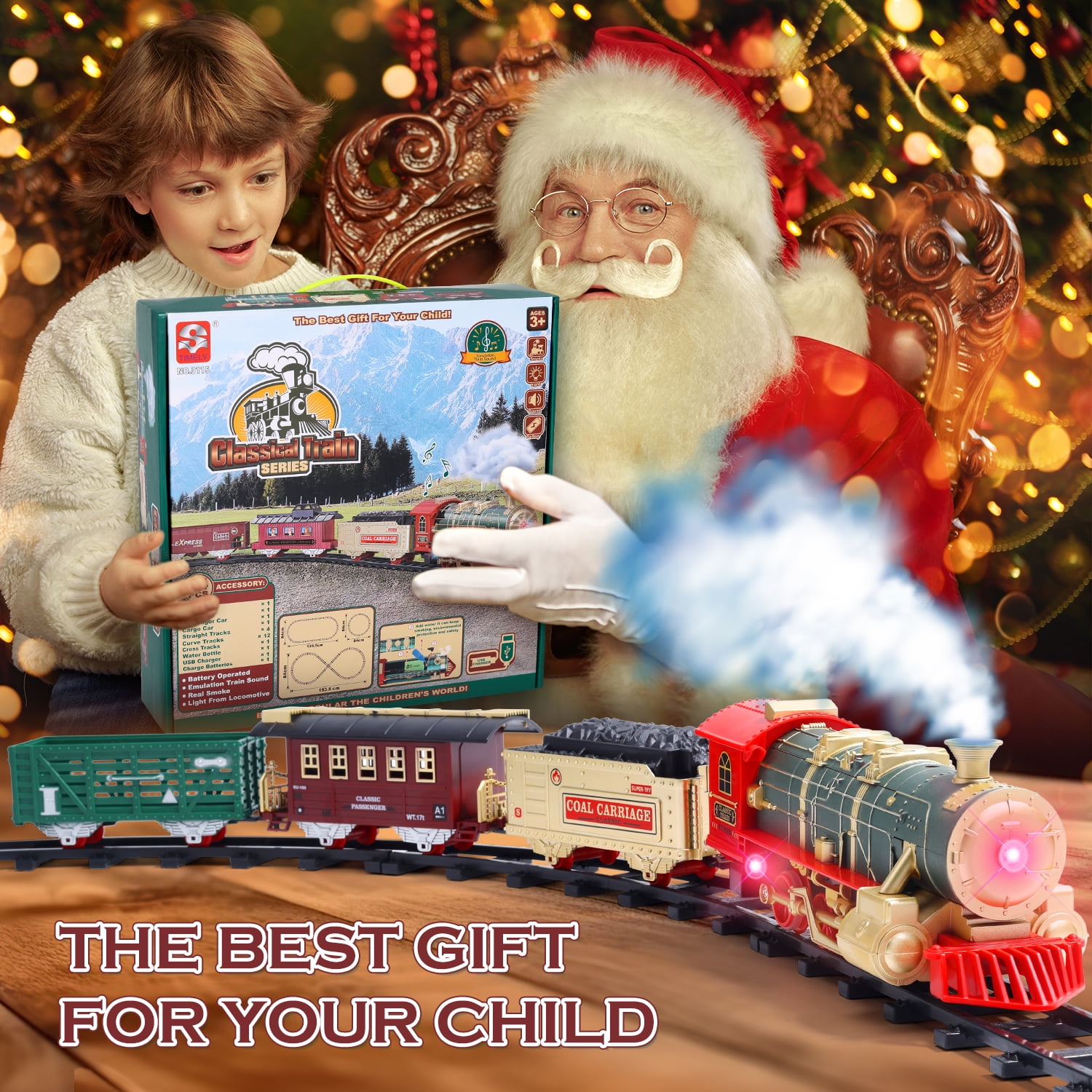 JoyStone Electric Train Set Toys for Boys with Smokes, Lights & Sound, Tracks, Toddler Model Train Set with Steam Locomotive Engine & Cargo Cars and Tracks, Christmas Toy Train for Kids