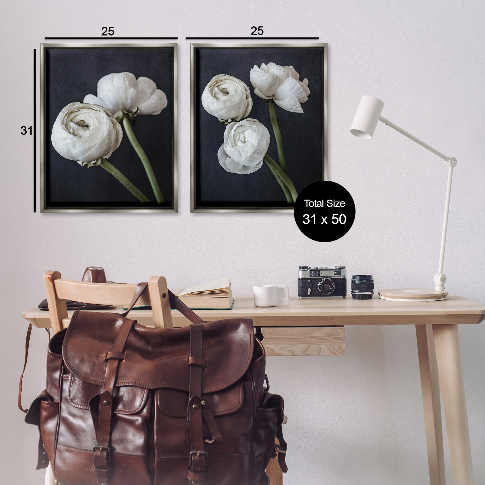 Stupell Industries Simple Black & White Peony Plants & Flowers Photography Gray Floater Framed Canvas Art Print Wall Art, 31 x 25, Set of 2