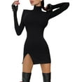 thumbnail image 2 of Seyurigaoka Ladies Sexy Autumn Bodycon Dress, Solid Color High Collar Long Sleeve Split Hip Skirt, 2 of 9