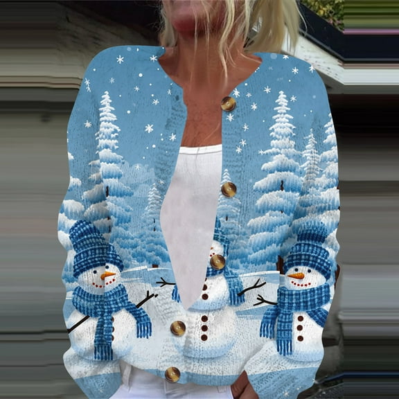Domuza Women's Christmas Cardigan Sweaters Xmas Patterns Long Sleeve Cable Knit Sweaters Fall Winter Lightweight Casual Button Up Tops Blue 3XL