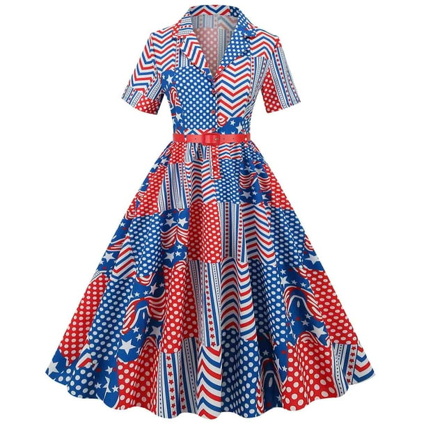 Oalirro American Flag Vintage Prom Dress Short Sleeve Patriotic V Neck ...