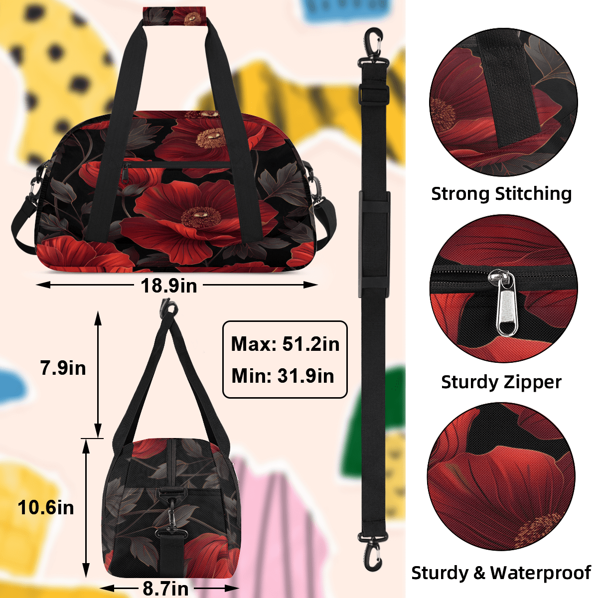 Herdesigns Red Floral Sports Duffle Bag for Women & Men, Poppy Gym Bag Dance Bag Overnight Bag Carry On Weekender Travel Bag