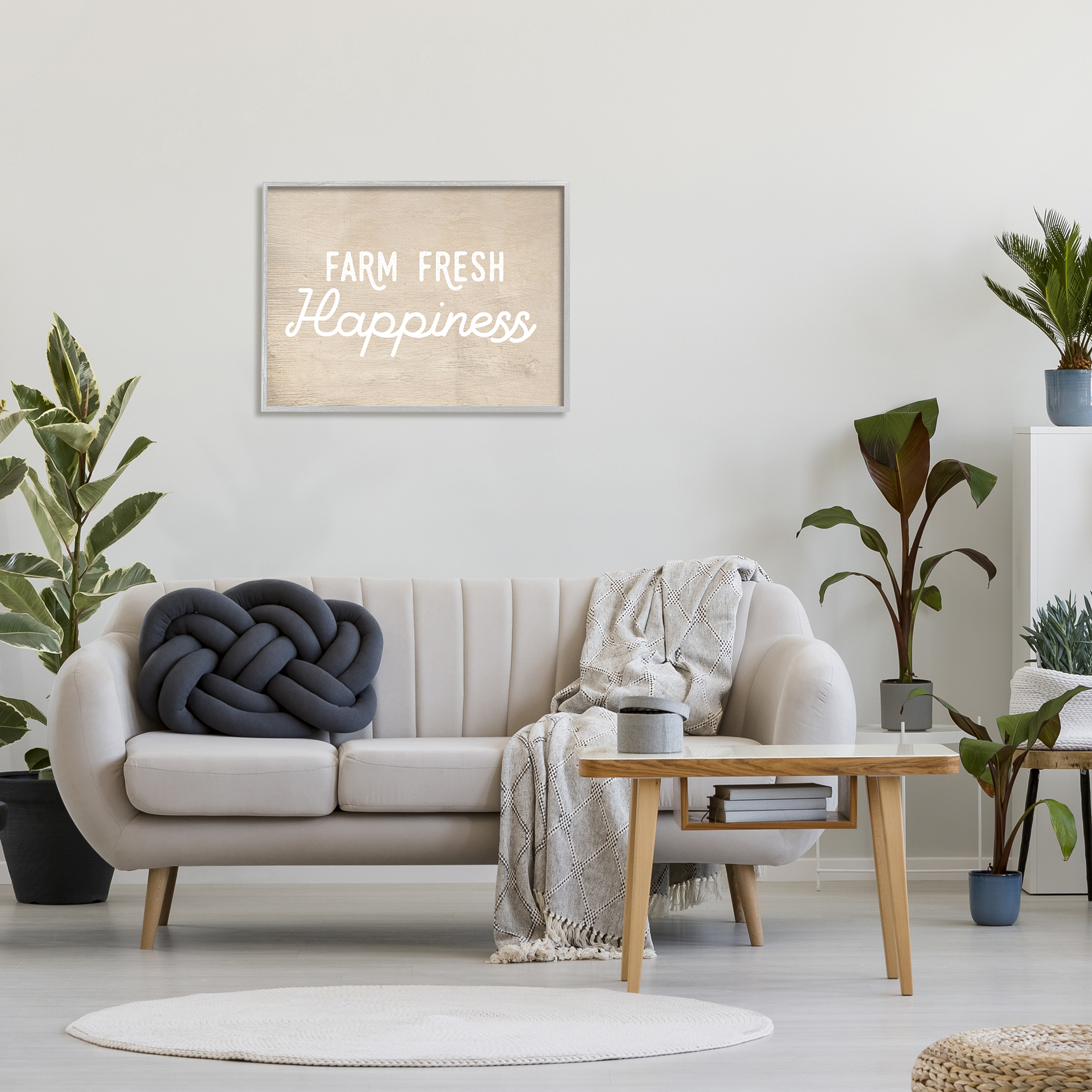 Stupell Industries Farm Fresh Happiness Phrase Text over Rustic Pattern Graphic Art Gray Framed Art Print Wall Art, 24x30, by Daphne Polselli