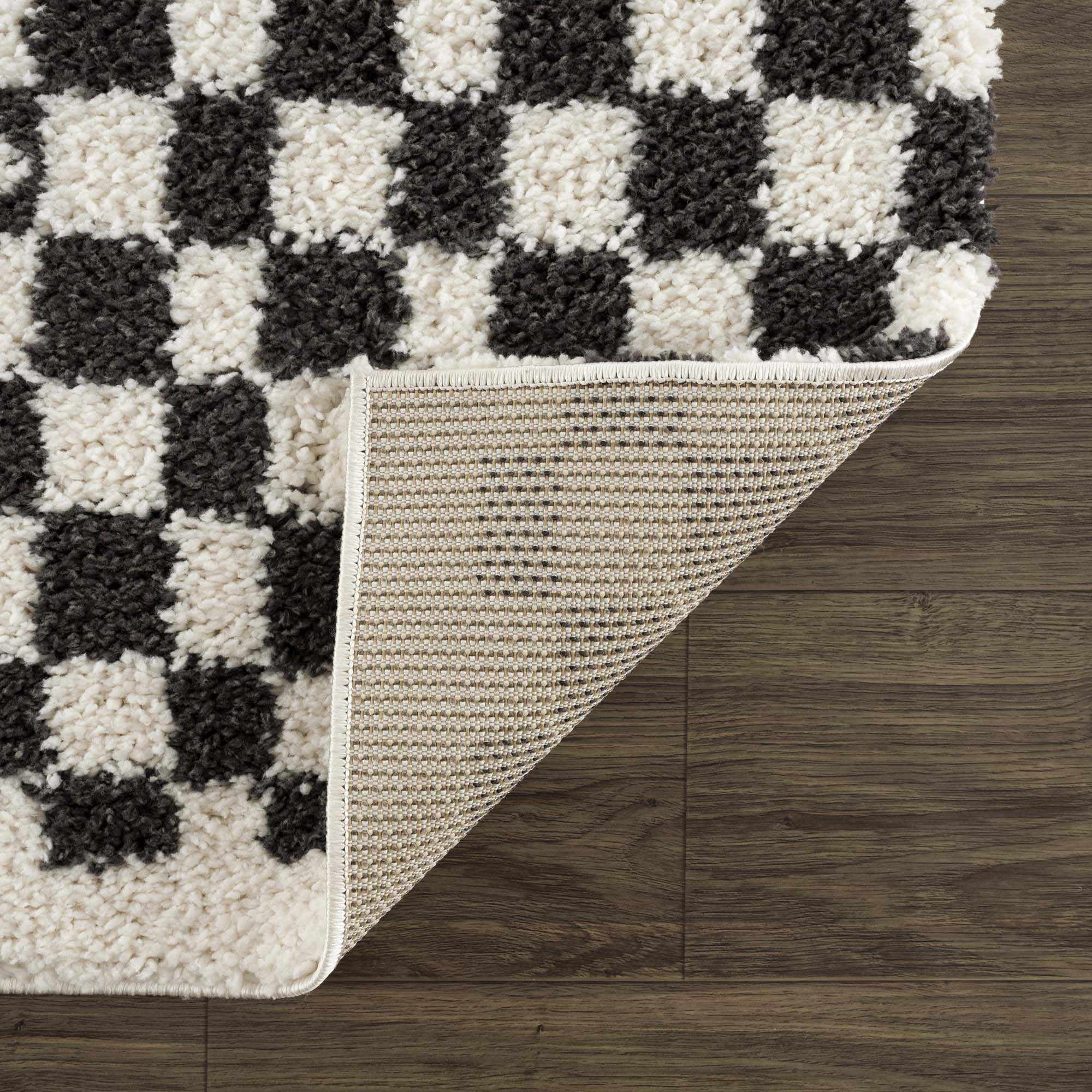 Hauteloom Kieu Contemporary Checkered Fluffy Shag Runner Rug - Modern Geometric Soft Carpet Tiles for Hallway, Kids Room, Nursery - Black, White - 2'7" x 7'3"