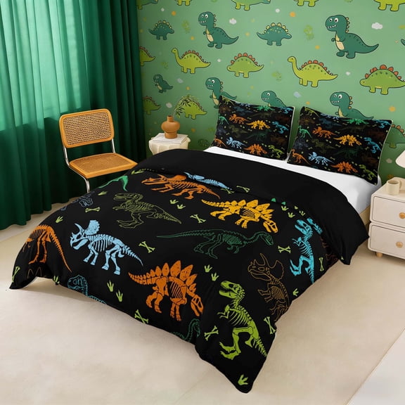 Erosebridal Colorful Dinosaur Duvet Cover Set for Kids, Black Bedding Full, Reversible 3pcs 1 Duvet Cover and 2 Pillowcases (No Comforter)