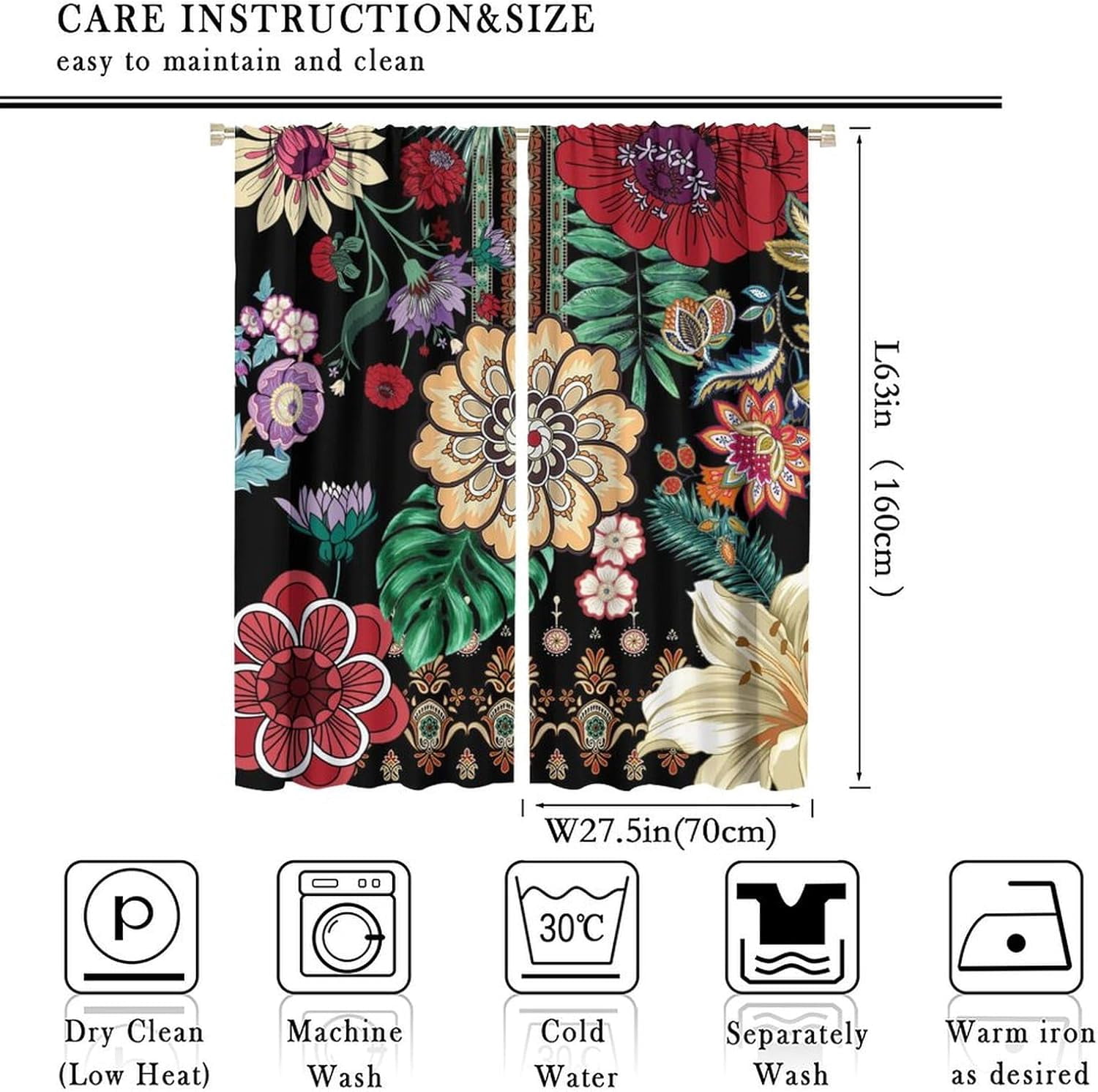 Boho Floral Blackout Curtains, Paisley Mandala Colorful Flowers Bohemian Decor for Bedroom Living Room Window Drapes 2 Panel Set,55x63 Inch