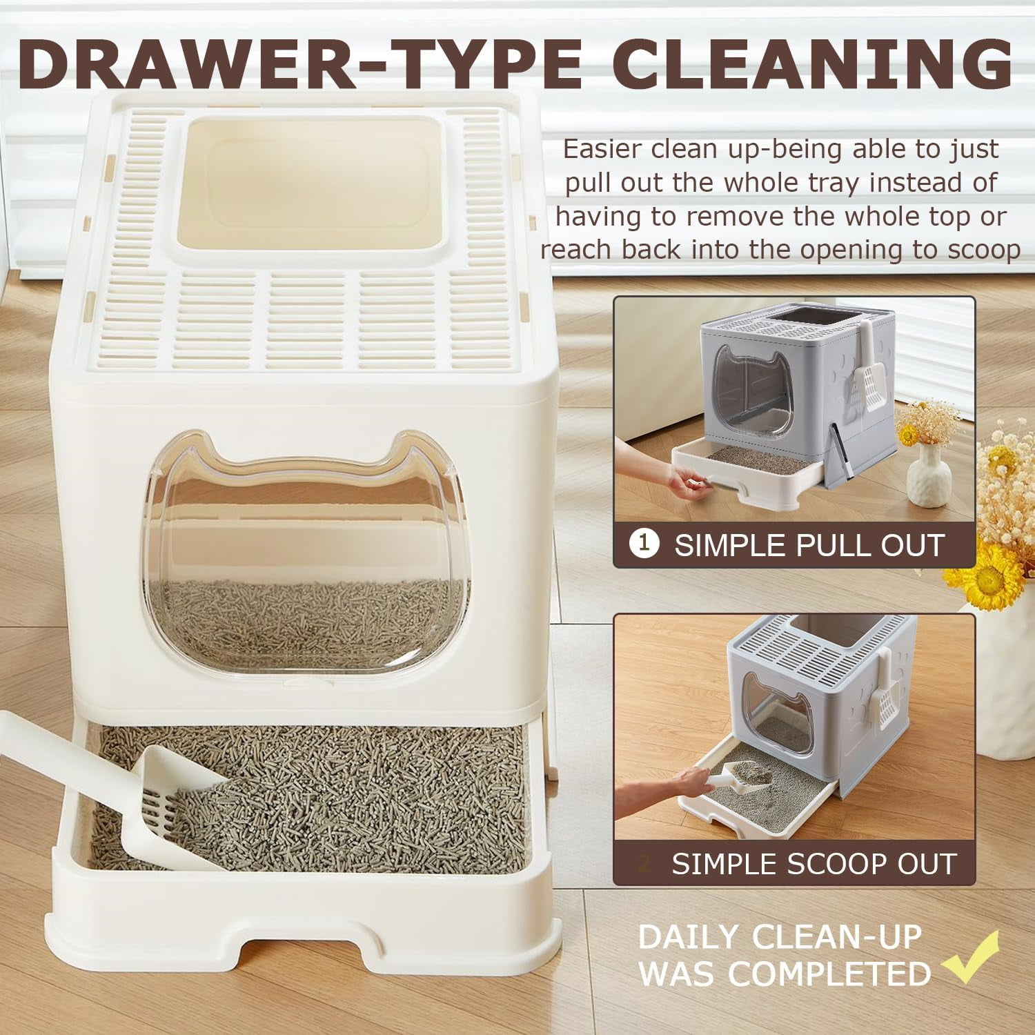 Cat Litter Box with Lid, Covered Top Entry Kitten Litter Pan for Small and Medium Cats, Anti-Splashing Kitty Potty with Slide-Out Litter Tray