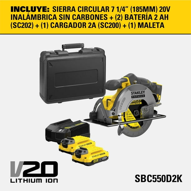 STANLEY KIT SIERRA CIRCULAR 7 1/4" 20V ION LITIO SIN CARBONES SBC550D2K-B3