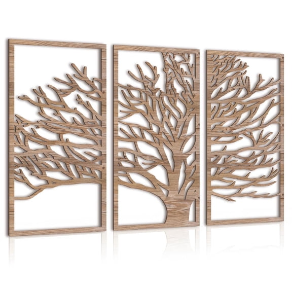 HPNIUB Tree Wooden Hollow Out Wall Art Boho Natural Decor Set of 3 for Living Room Bedroom Office 16x32 Inch