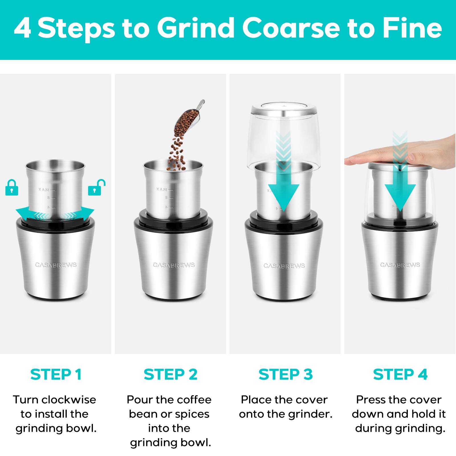 CASABREWS Electric Coffee Grinder, 200W Motor, Coffee Bean & Spice Grinder