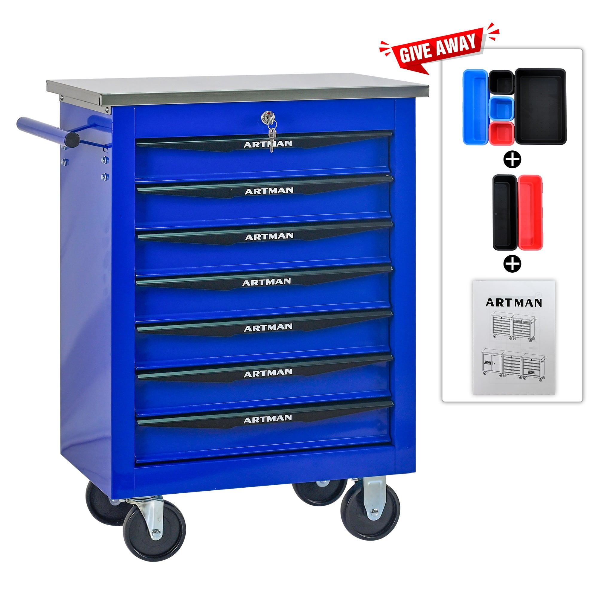 7-Drawer Heavy-Duty Rolling Tool Chest Cart with Wheels & Stainless Steel Roof