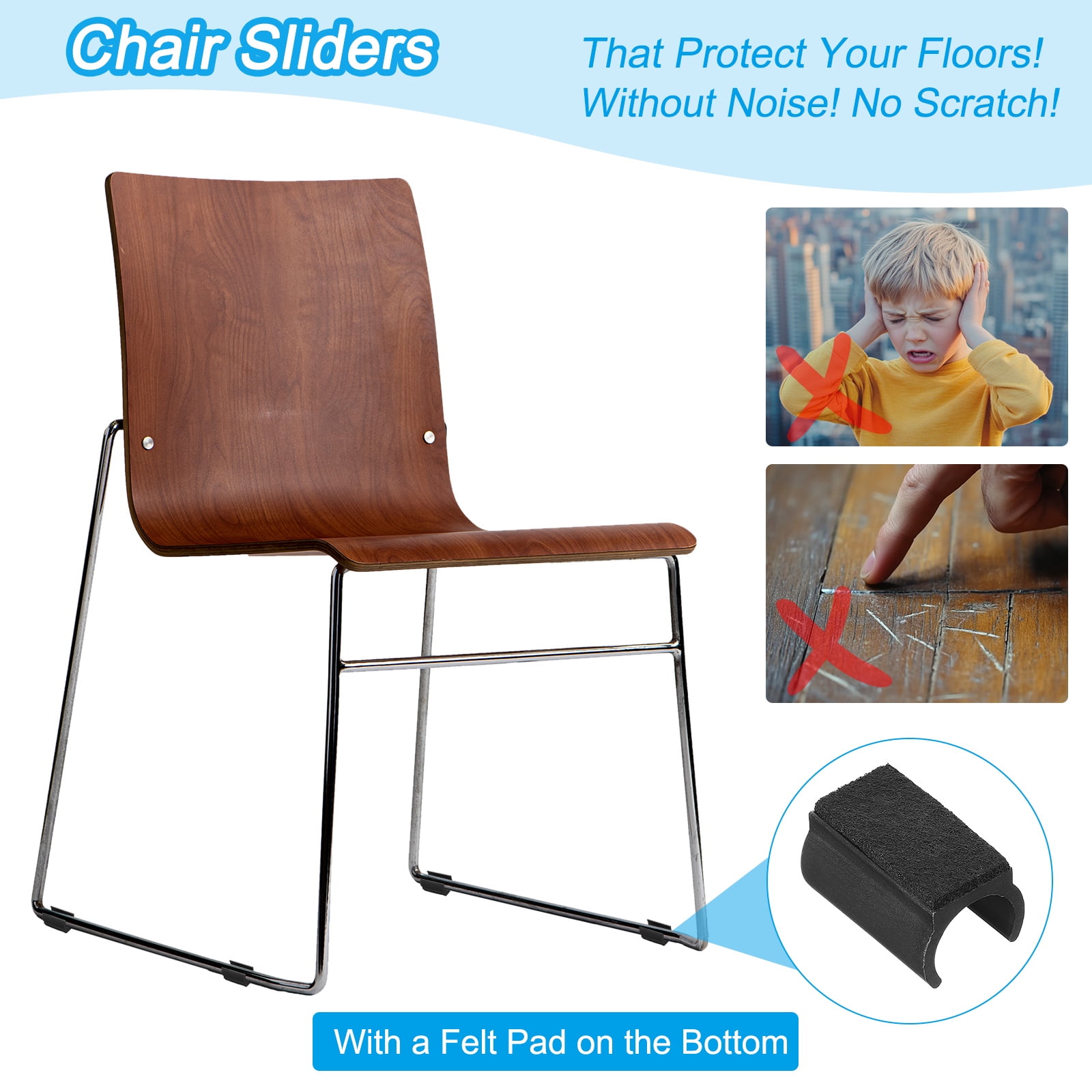 Rectangle U Shaped Chair Leg Tips Cap with Felt Pad, Furniture Feet floor Fit Dia 22 mm Leg, Black 50 Pack