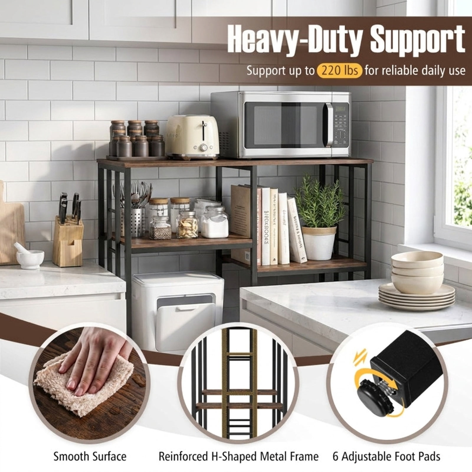 RUIE 4-Tier Heavy-Duty Kitchen Baker's Rack, Industrial Coffee Bar Microwave Oven Stand with Reversible Layout and Anti-Tipping Kit, Brown