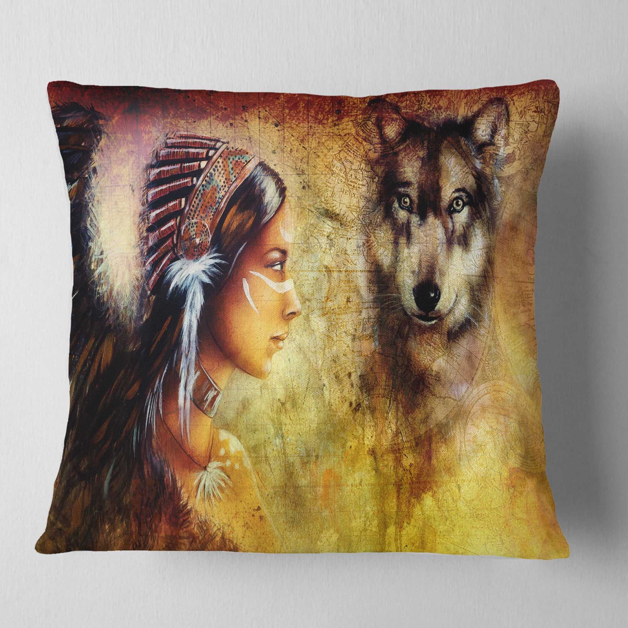Designart Woman with Wolf - Portrait Throw Pillow - 18x18