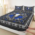 thumbnail image 4 of Erosebridal Hippie Cow Skull Queen Sheet Sets, Bohemian Aztec Mandala Bed Set, Black Gray Blue, 4 Pieces 1 Flat Sheet, 1 Fitted Sheet and 2 Pillowcases, 4 of 5