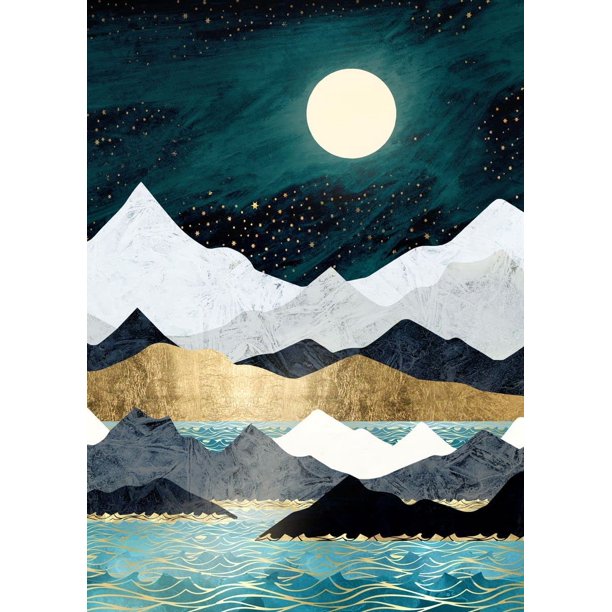 Kit de pintura de diamante de montaña, kits de arte de diamante para adultos, taladro redondo de luna llena (12.0 x 16.0 in), pintura de paisaje abstracto con diamantes de cristal para regalo, decora