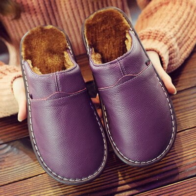 

CoCopeanut Men Home Slippers for Winter Warm Plush Slippers women Bedroom Genuine Leather Unisex man House Indoor Shoes Large size 11