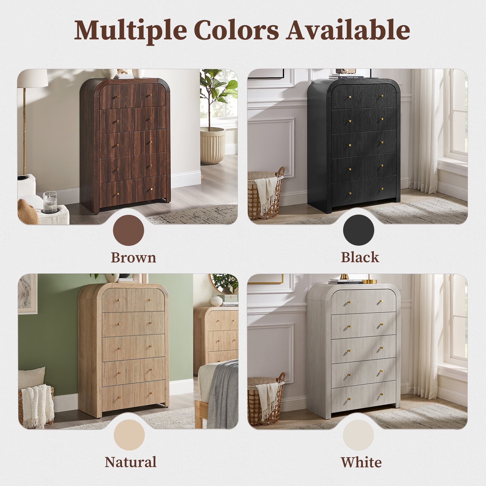 KeyWhat Modern 5-Drawer Dresser, 48" Fluted Tall Chest of Drawers with Curved Profile and Metal Handles, Wood Storage Cabinet for Bedroom, Living Room and Hallway, Dark Walnut