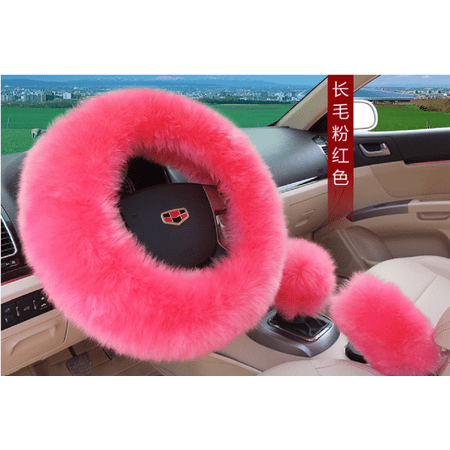 Douhoow 3Pcs Universal Car Plush Fuzzy Steering Wheel Cover Wool Fur Gear Lever Handbrake Cover