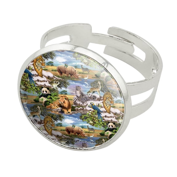 World Wildlife Snow Leopard Rhino Wolf Lion Pattern Silver Plated Adjustable Novelty Ring