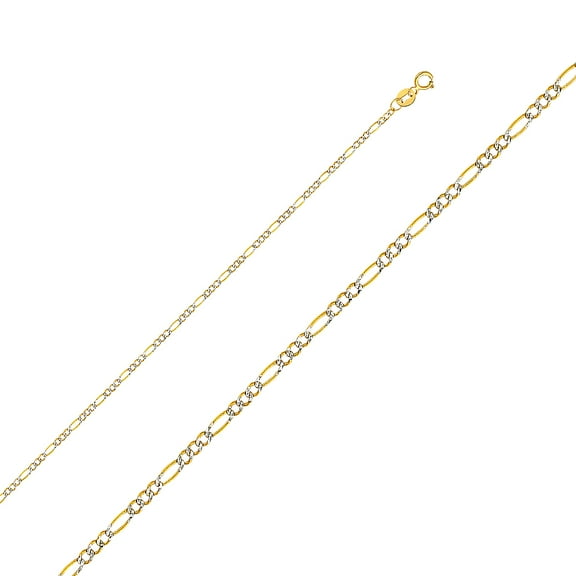 Precious Stars Genuine 14K Two-tone Gold 1.8mm White Pave Figaro Chain Necklace for Men and Women - Perfect for Pendants - Available in 16" 18" 20" 22"