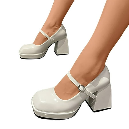 Oyedens Mary Jane Shoes for Women Vintage Casual Square Toe Block High Heels Dress Pumps