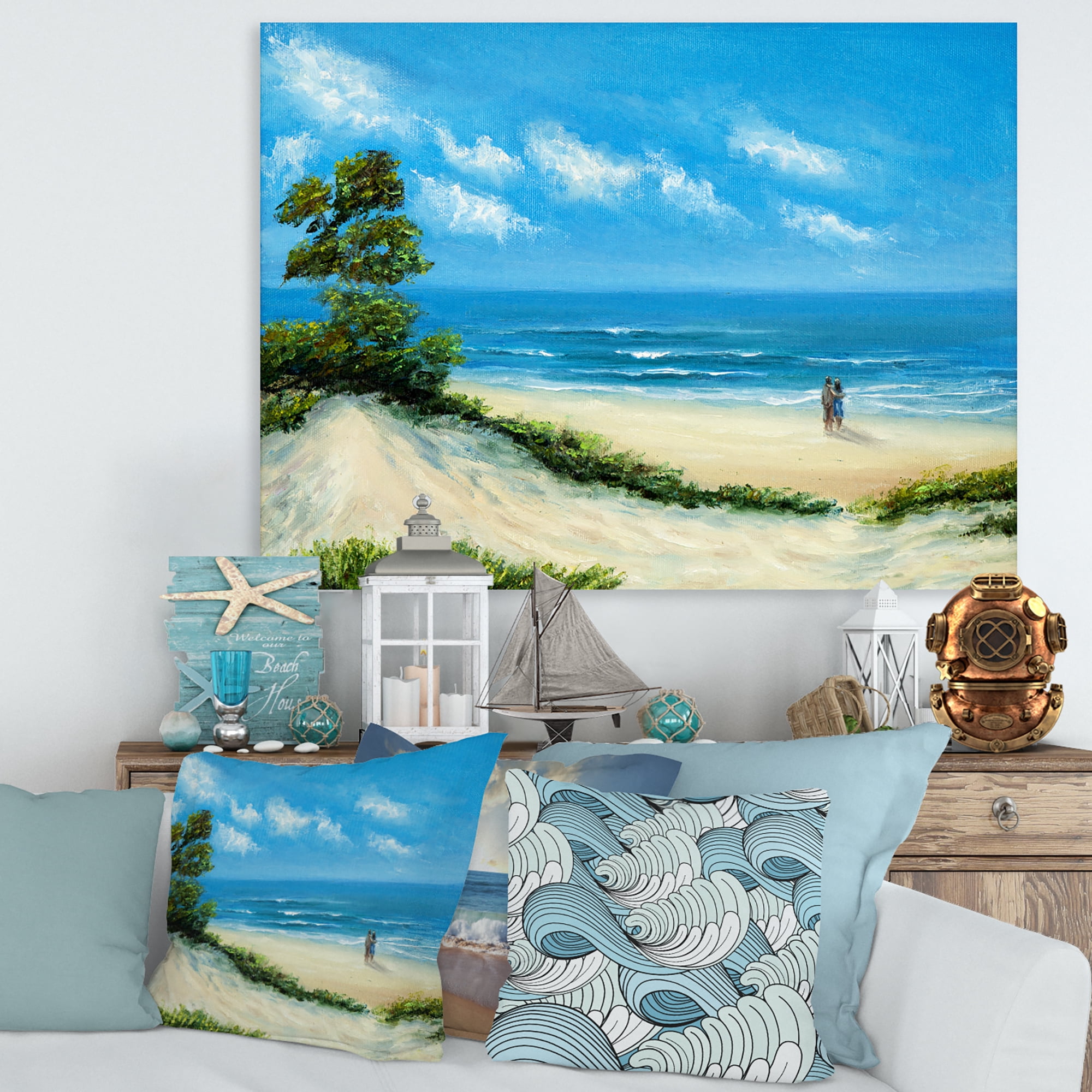 Designart ' Couple At The Beach In Sunlight ' Nautical & Coastal Canvas Wall Art Print