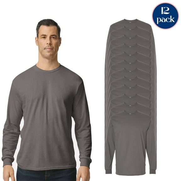 Gildan Men's Heavy Cotton Long Sleeve T-Shirt, Durable Casual T-Shirt, Charcoal Tee Pack of 12, S