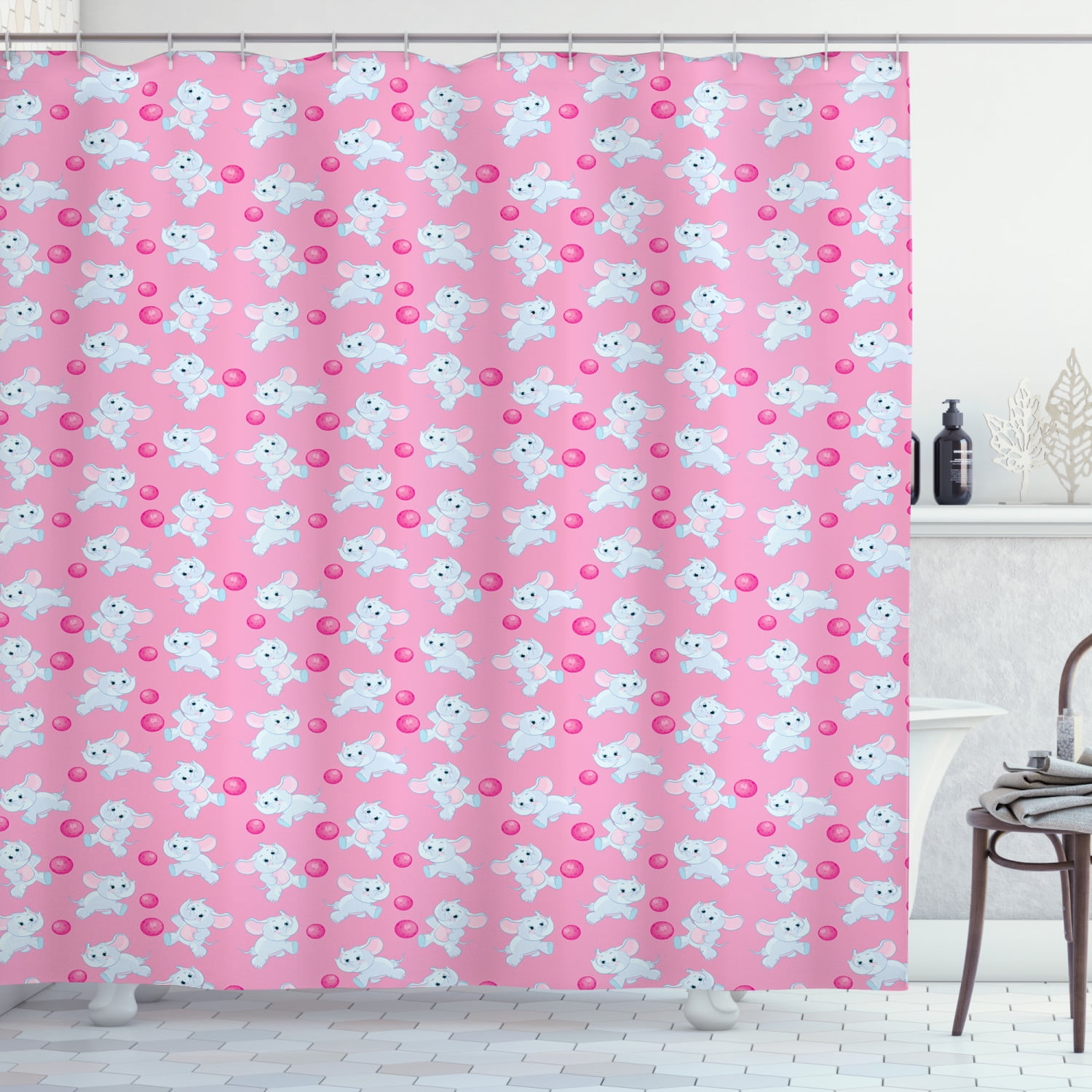 Elephant Shower Curtain, Kids Girls Design Pattern with Happy Baby