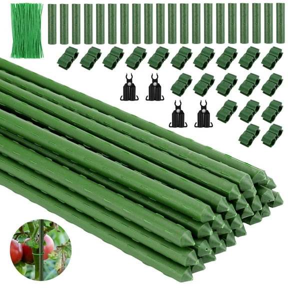 topjuju 174 Pcs Tall Plant Stake Kit, Included 30 Pcs 35 inch Heavy Duty Tomato Stick Supports, Connectors, Rotating Clips and Tie Wires, DIY 3 Ft Garden Stakes for Tomatoes, Cucumbers, Eggplants