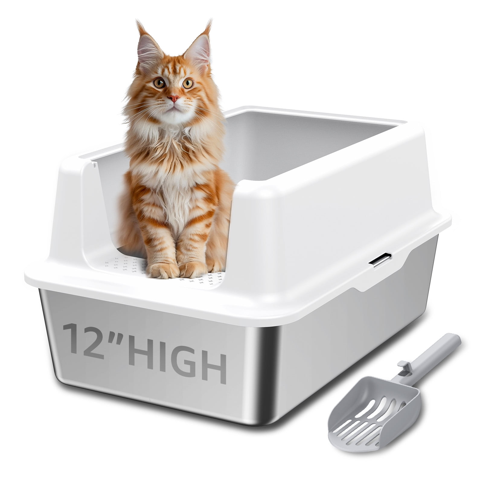 Stainless Steel Litter Box with Large Litter Mat, 23.6" High-Sided Metal Litter Pan for Multi Cats Tray with Scoop Non-Stick, Leak-Proof, Easy to Clean