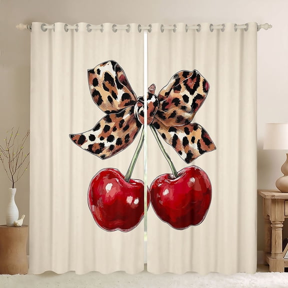Erosebridal Cute Cherry Black Out Curtains for Girls, Leopard Print Bowknot Curtains Pack of 2 (42x63 Each)