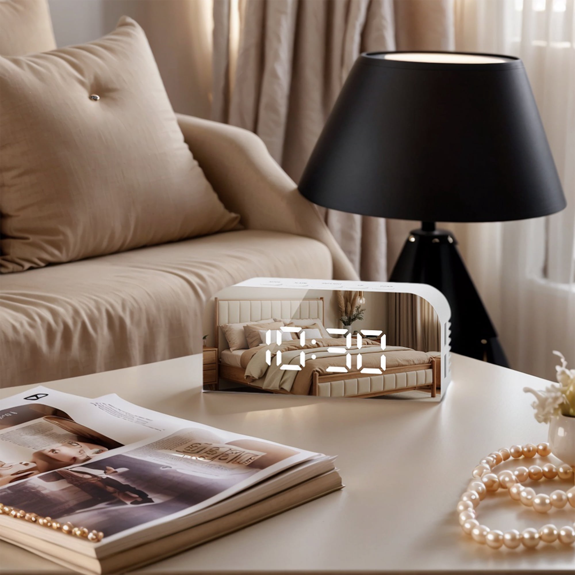 Unique Bargains LED Alarm Clock White Housing and Silver Mirror 5.5"L x 1.36"W x 2.4"H